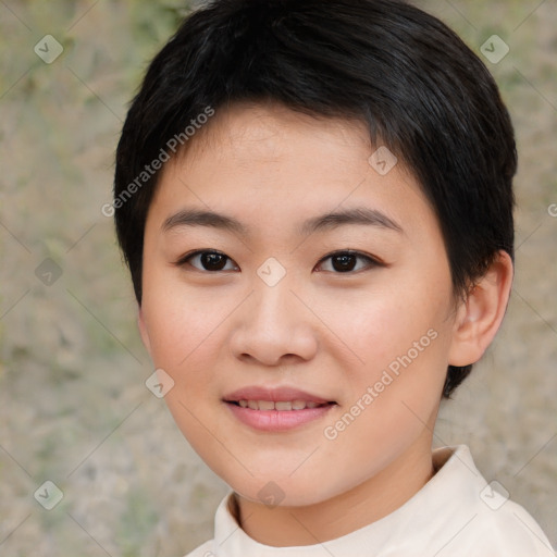 Joyful asian young-adult female with short  brown hair and brown eyes