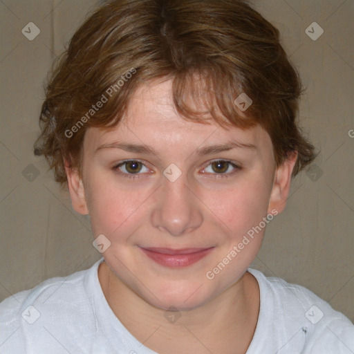 Joyful white young-adult female with medium  brown hair and blue eyes