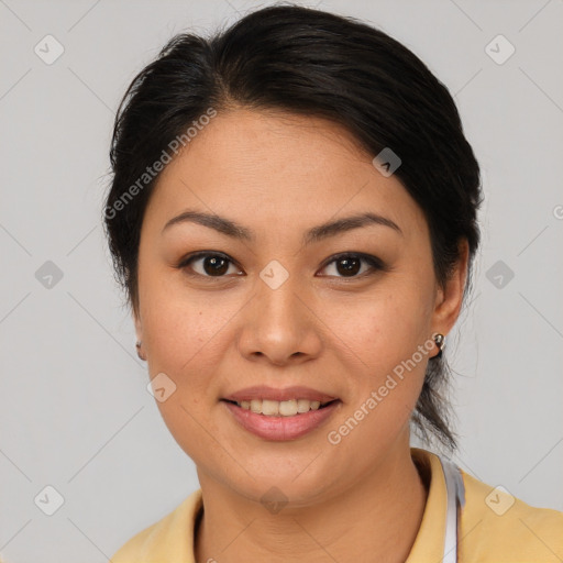 Joyful asian young-adult female with medium  brown hair and brown eyes