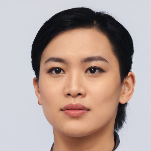 Neutral asian young-adult female with medium  black hair and brown eyes