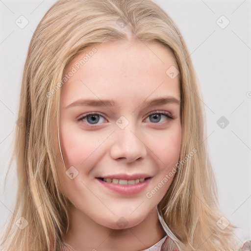 Joyful white young-adult female with long  brown hair and blue eyes