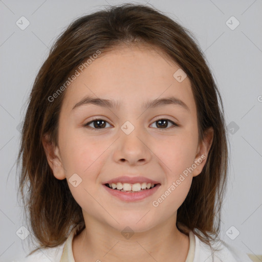 Joyful white child female with medium  brown hair and brown eyes