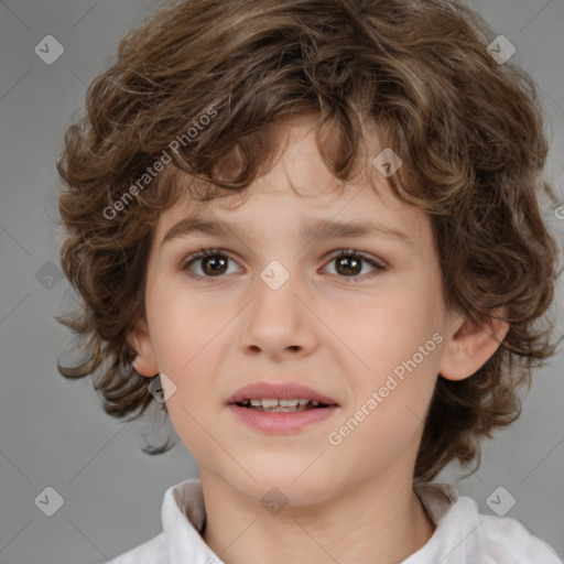 Joyful white child female with medium  brown hair and brown eyes