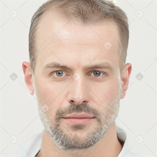 Neutral white adult male with short  brown hair and grey eyes