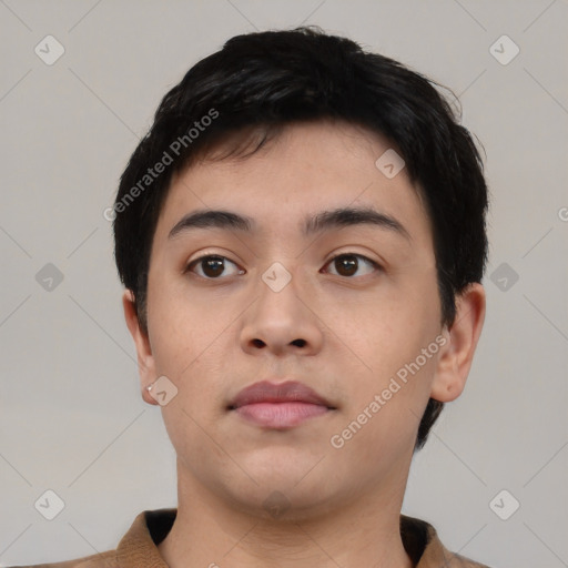 Neutral asian young-adult male with short  black hair and brown eyes