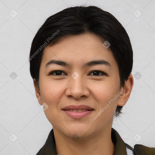 Joyful asian young-adult female with medium  black hair and brown eyes