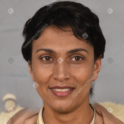 Joyful latino young-adult female with short  brown hair and brown eyes