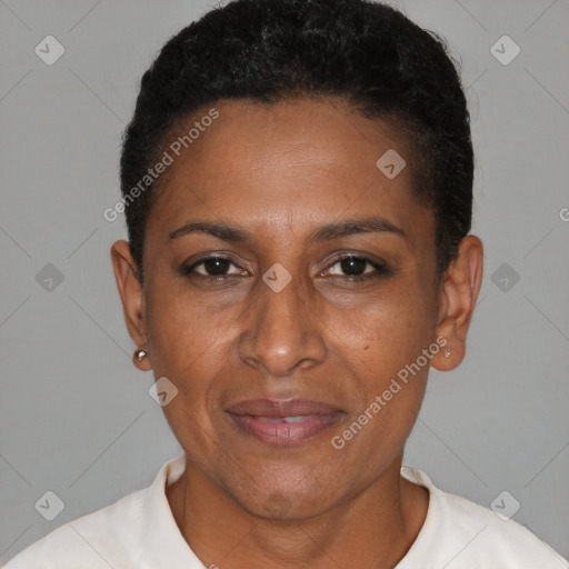 Joyful black adult female with short  brown hair and brown eyes