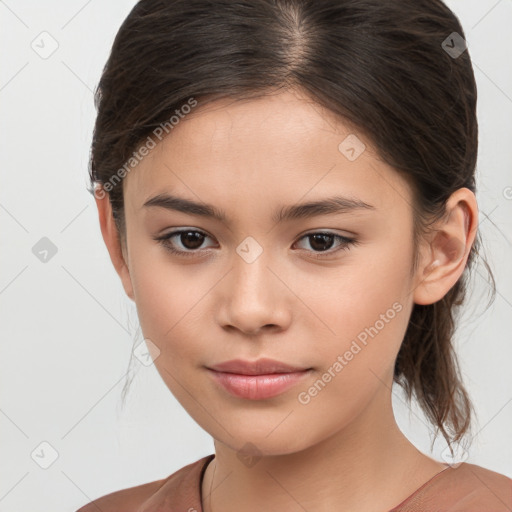 Joyful white child female with medium  brown hair and brown eyes