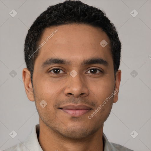 Neutral latino young-adult male with short  black hair and brown eyes