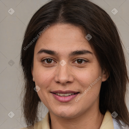 Joyful white young-adult female with medium  brown hair and brown eyes