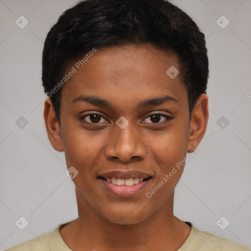 Joyful black young-adult female with short  brown hair and brown eyes