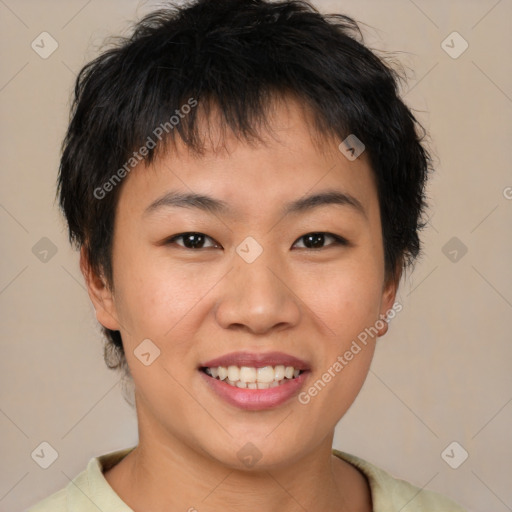 Joyful asian young-adult female with short  brown hair and brown eyes