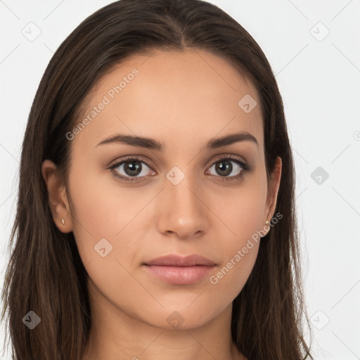 Neutral white young-adult female with long  brown hair and brown eyes