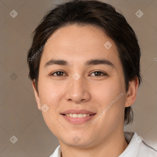 Joyful white young-adult female with short  brown hair and brown eyes