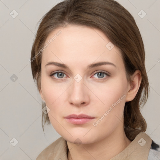 Neutral white young-adult female with medium  brown hair and grey eyes