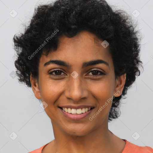 Joyful latino young-adult female with short  black hair and brown eyes