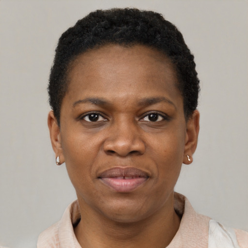 Joyful black adult female with short  black hair and brown eyes