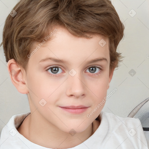 Joyful white child male with short  brown hair and brown eyes