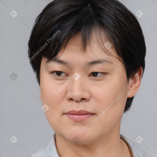 Joyful asian young-adult female with short  brown hair and brown eyes