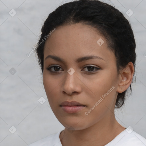 Neutral latino young-adult female with short  black hair and brown eyes