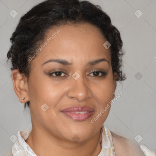 Joyful latino adult female with short  brown hair and brown eyes