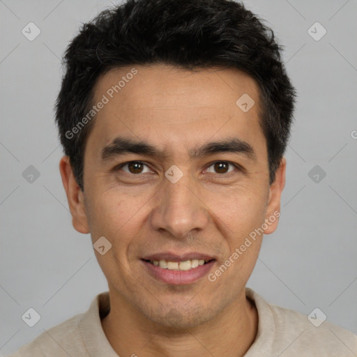 Joyful white young-adult male with short  black hair and brown eyes