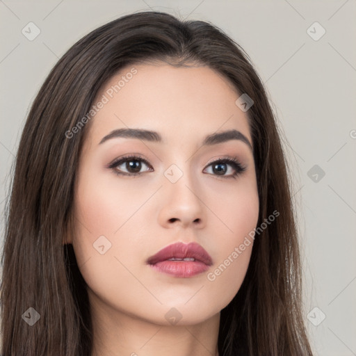 Neutral white young-adult female with long  brown hair and brown eyes