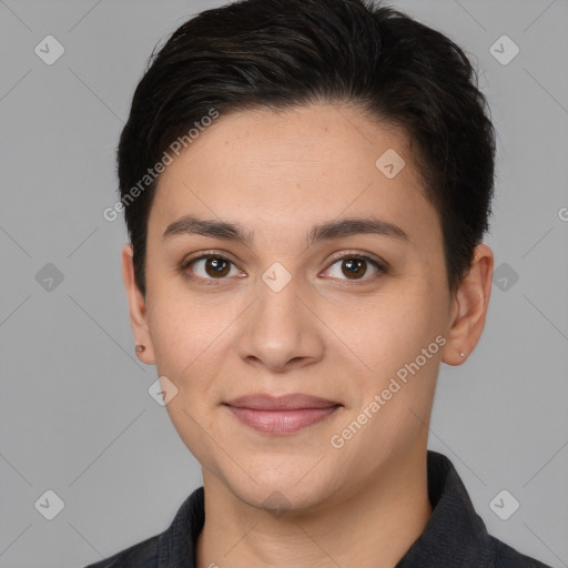 Joyful white young-adult female with short  brown hair and brown eyes