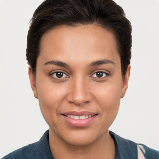 Joyful white young-adult female with short  brown hair and brown eyes