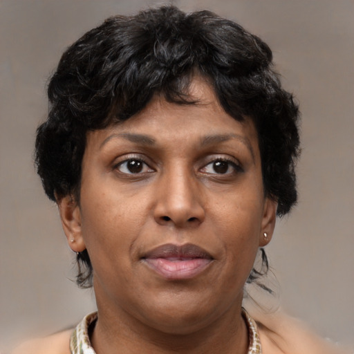 Joyful latino adult female with short  brown hair and brown eyes