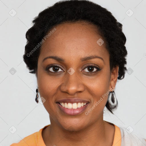 Joyful latino young-adult female with short  black hair and brown eyes
