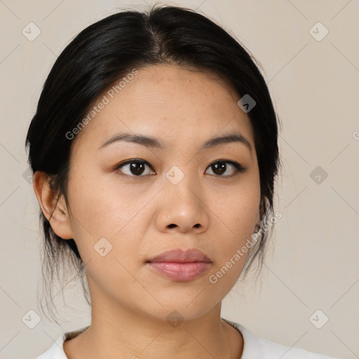 Neutral asian young-adult female with medium  black hair and brown eyes