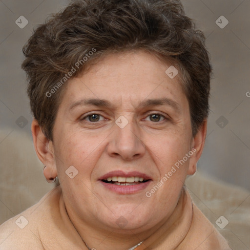 Joyful white adult female with short  brown hair and brown eyes