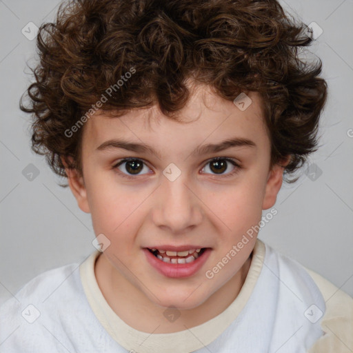 Joyful white child female with short  brown hair and brown eyes