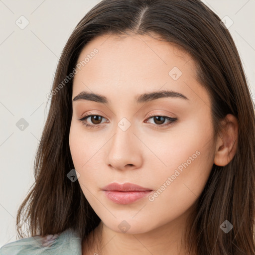 Neutral white young-adult female with long  brown hair and brown eyes