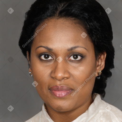 Joyful black adult female with medium  brown hair and brown eyes