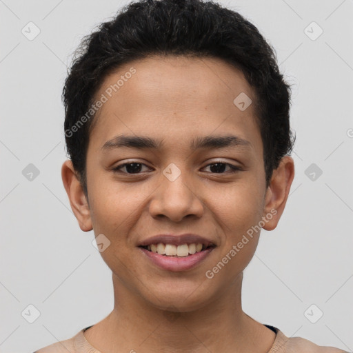 Joyful latino young-adult male with short  brown hair and brown eyes