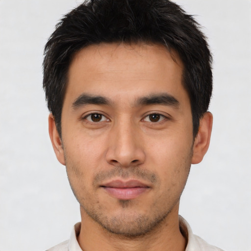 Neutral asian young-adult male with short  black hair and brown eyes