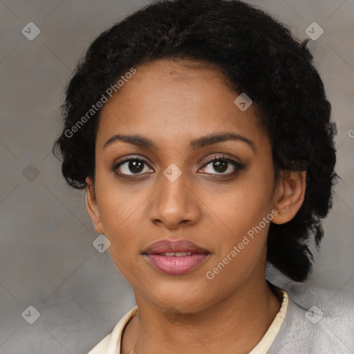 Joyful black young-adult female with medium  black hair and brown eyes