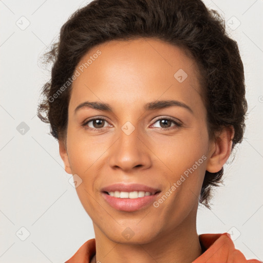 Joyful white young-adult female with short  brown hair and brown eyes