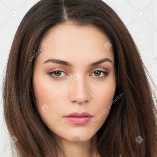 Neutral white young-adult female with long  brown hair and brown eyes