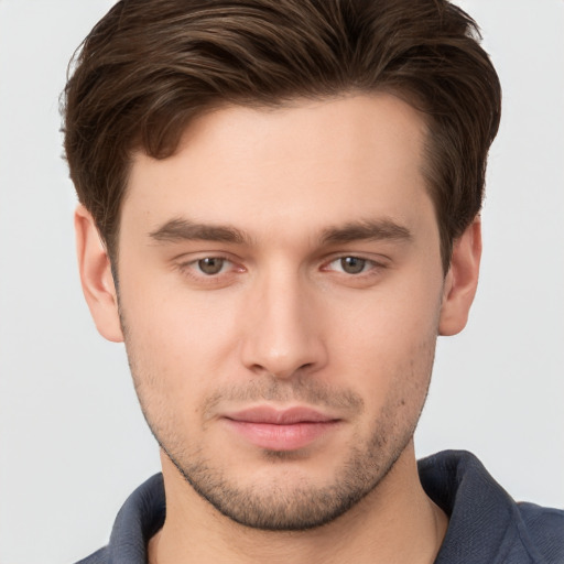 Neutral white young-adult male with short  brown hair and brown eyes