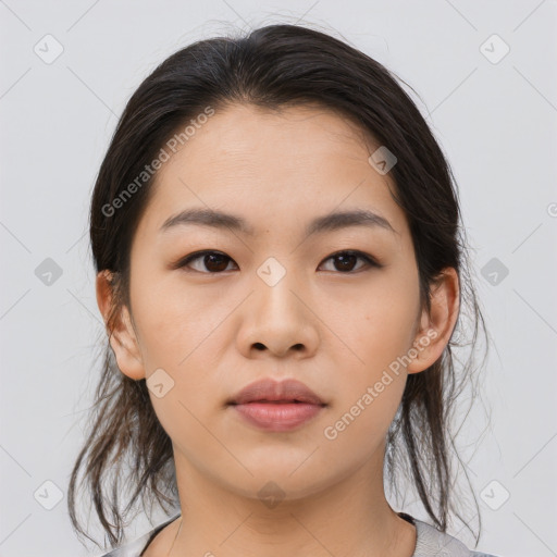 Neutral asian young-adult female with medium  brown hair and brown eyes