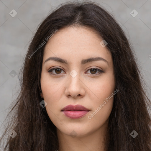 Neutral white young-adult female with long  brown hair and brown eyes