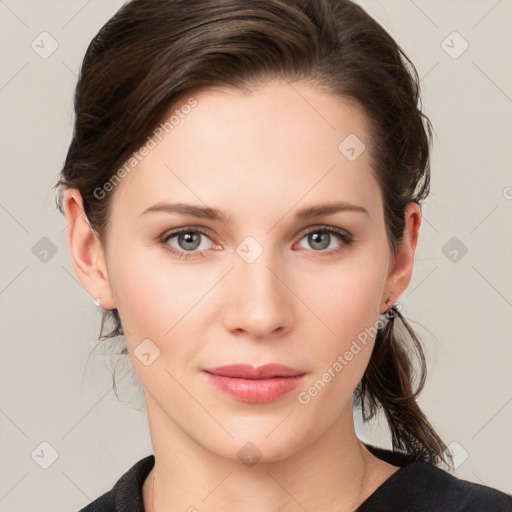 Neutral white young-adult female with medium  brown hair and grey eyes