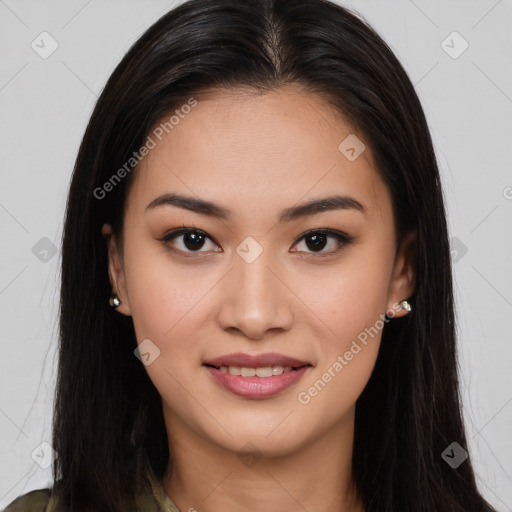 Joyful white young-adult female with long  brown hair and brown eyes