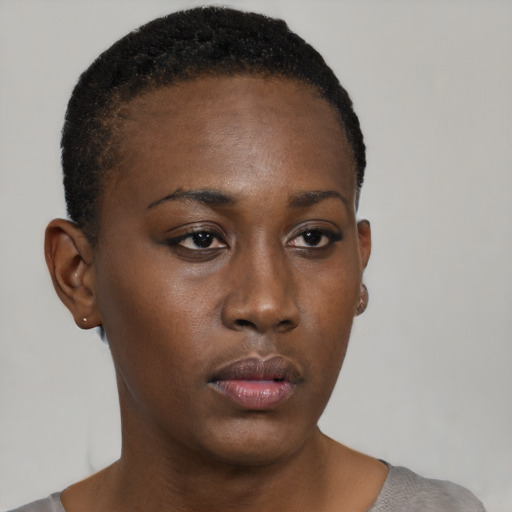 Neutral black young-adult female with short  black hair and brown eyes