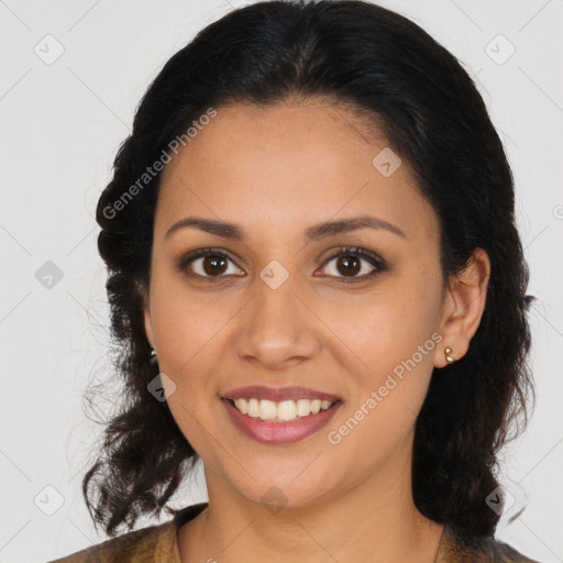 Joyful latino young-adult female with medium  brown hair and brown eyes