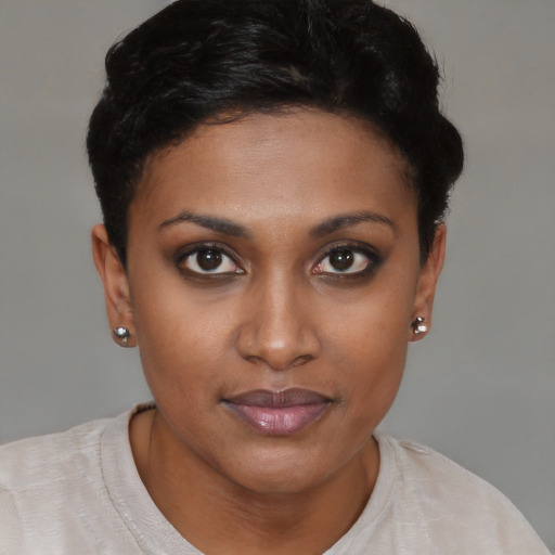 Joyful black young-adult female with short  brown hair and brown eyes